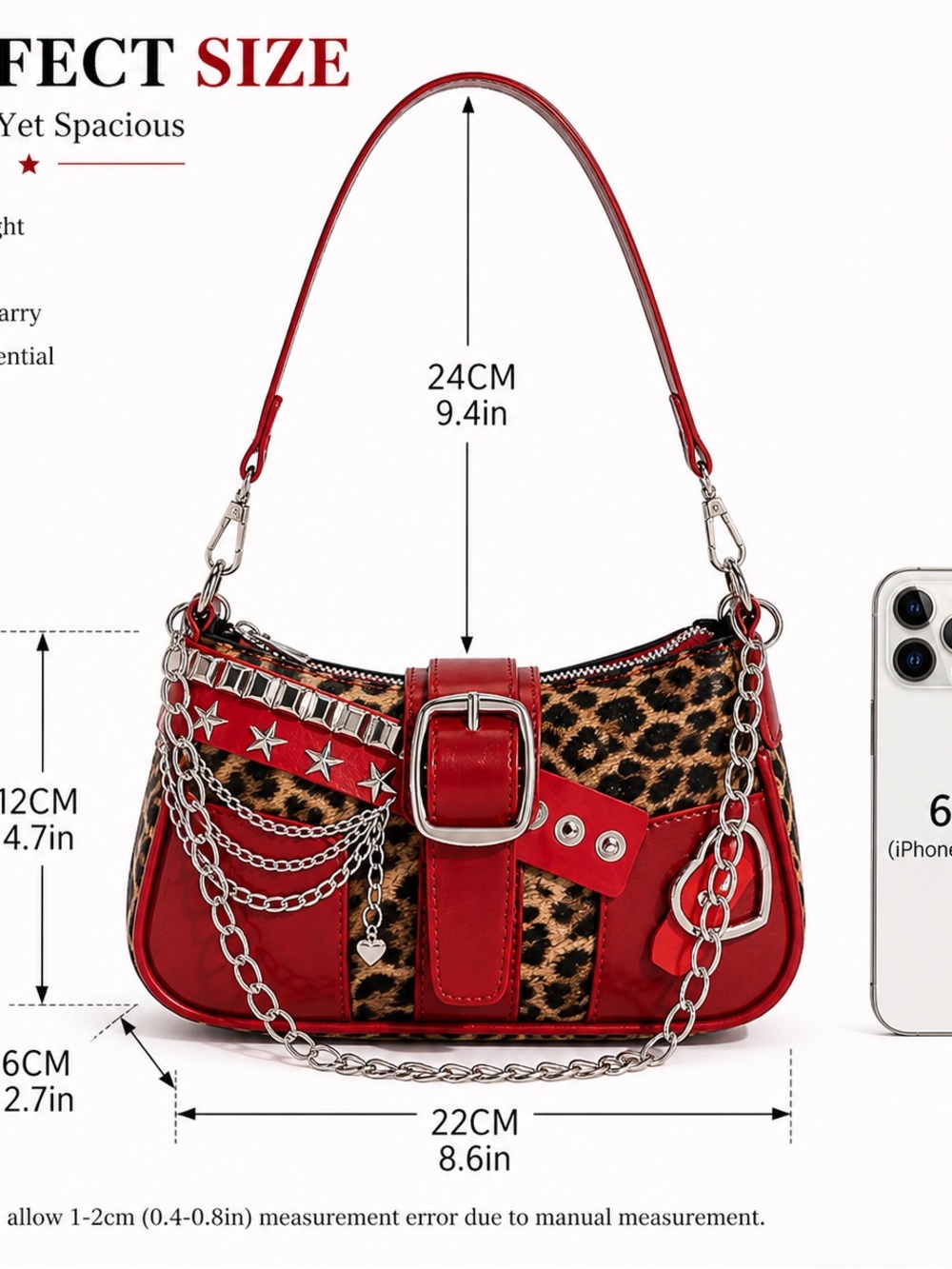 Leopard Print Shoulder Bag Red Trim Chain Accent Y2K Baguette Purse - Picture 3 of 7